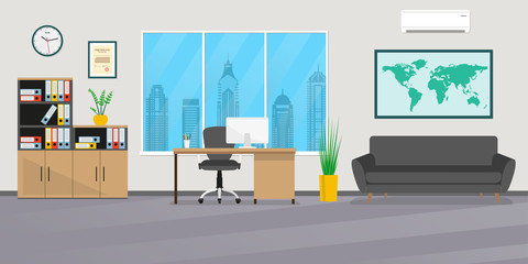 Office interior in flat style. Modern business workspace with office furniture: chair, desk, computer, bookcase, clock on the wall and window. Vector illustration. - obrazy, fototapety, plakaty