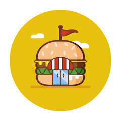 flat icon of the burger shop. logo design hamburger. vector sign fast food illustration