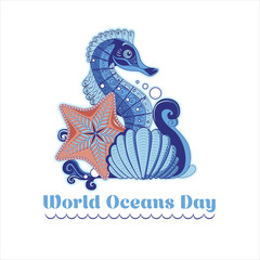 Poster in the style of handmade with a wave, seahorse, starfish and a shell for World Ocean Day