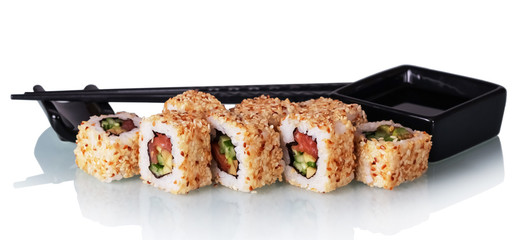 Sushi rolls with salmon and avocado in sesame, wasabi bowl and chopsticks isolated on white