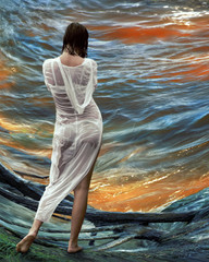 a girl in a wet dress is standing on the seashore
