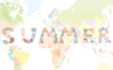 Word SUMMER created with passport stamps on world map background, travel concept