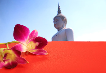 Orchid flower on the red floor with blur buddha statue background. the concept of worship in Buddhism.