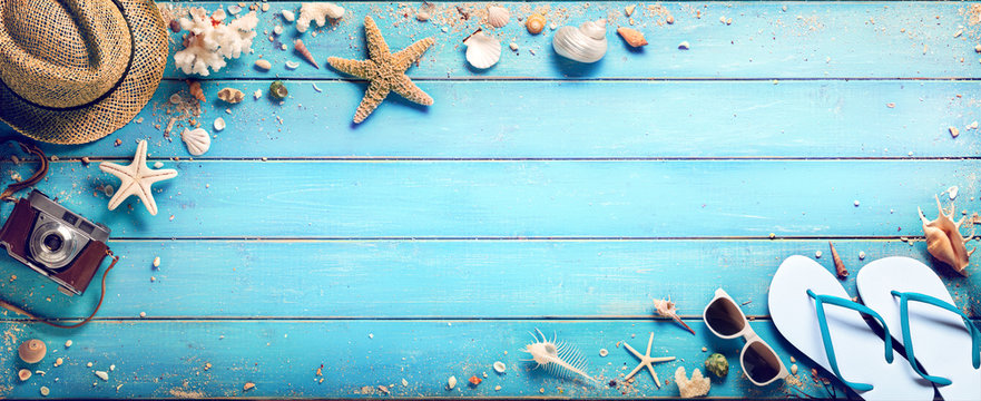 Beach Accessories With Seashells On Wooden Plank - Summer Holidays
