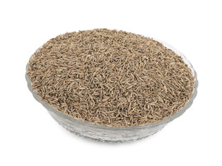 Pile of Dried Cumin Seeds Also know as caraway, jira or jeera seeds used in oriental cuisine isolated on white Background