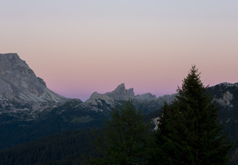 Fototapeta na wymiar Dolomites sunset during summer time. Landscape to Conturines and Lagazuoi peaks and Falzarego mountain pass