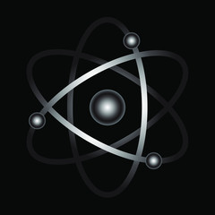 Atom sign isolated on black background. Atom symbol, chemistry & science research. Vector illustration