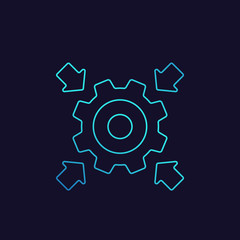 Integration icon with cogwheel and arrows, linear
