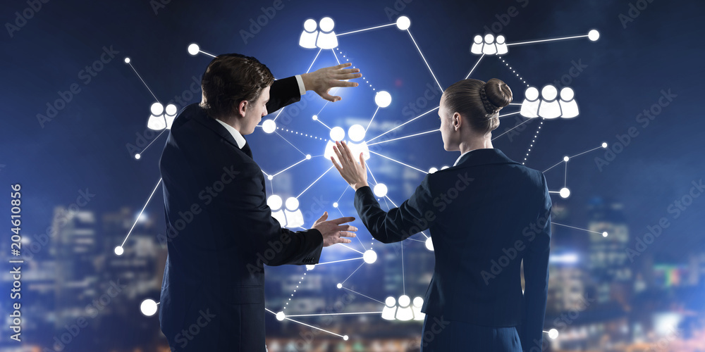 Poster concept of social connection and networking against night city view and partners working in cooperat