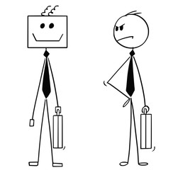 Cartoon stick man drawing conceptual illustration of businessman looking unhappy at his robotic or ai robot colleague coworker or possible replacement. Business concept o artificial intelligence