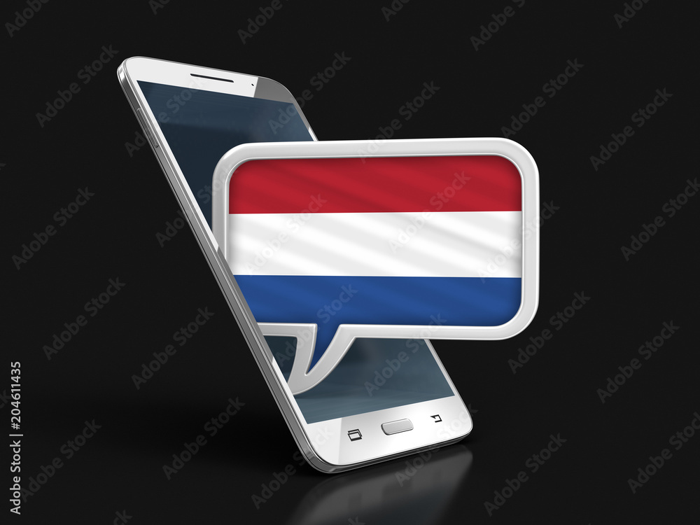 Poster touchscreen smartphone and speech bubble with netherlands flag. image with clipping path