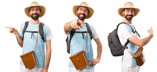 Set of Funny tourist pointing to the front, back and lateral
