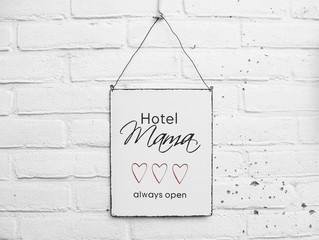Mama Hotel Always Open - white square metal plate with text on white bricks background - Mothersday gift