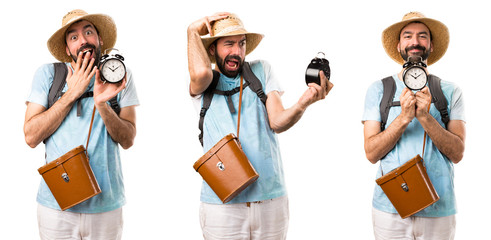 Set of Funny tourist holding vintage clock