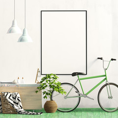 Modern interior with rack, plant and Bicycle. Poster mock up. 3d illustration