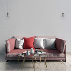 Modern interior with coffee table and sofa. 3d illustration.