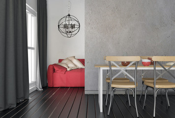 Mock up wall in interior with dining area. 3d illustration