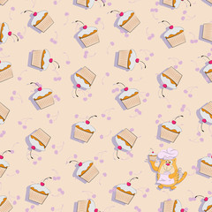Cat confectioner and cupcakes with cherries. Beige background. Seamless pattern. Background image, design for textiles, packaging materials.