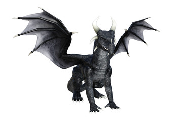 3D Rendering Fantasy Black Dragon on White