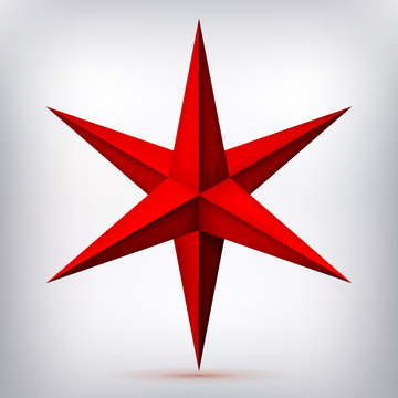 Volume six-pointed red star, 3d object, geometry crystal shape, mesh version, abstract vector 
