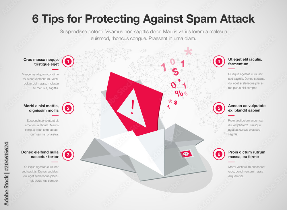 Poster simple vector infographic for 6 tips for protecting against spam attack template isolated on light b