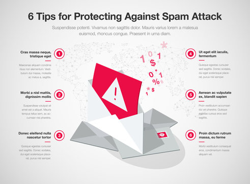 Simple Vector infographic for 6 tips for protecting against spam attack template isolated on light background. Easy to use for your website or presentation.