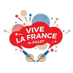 Happy Bastille Day. National holiday. A holiday sign with a salute and the words "Long live France. July 14" in French.