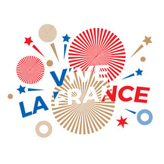 Happy Bastille Day. The day of the capture of the Bastille. A holiday symbol with fireworks and the words "Long live France" in French.