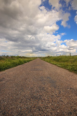 Asphalt road through the green field. Alentejo, Portugal