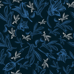 Floral vector pattern with hand drawn leafs in vintage style