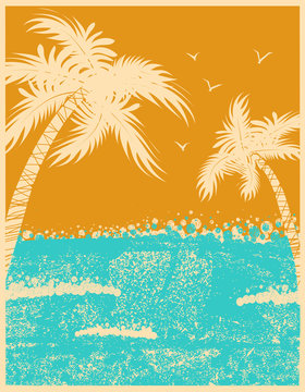 Tropical palms background with ocean waves