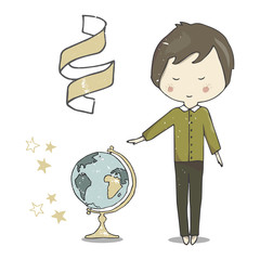 Boy in shirt character clip art globe ribbon stars travel education for celebration greeting birthday text data geography color set white background