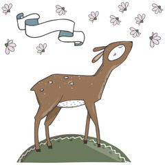 Deer character vector clip art landscape place land color texture for data text birthday celebration greeting cute forest animal ribbon cloud murshrooms smile face on white background