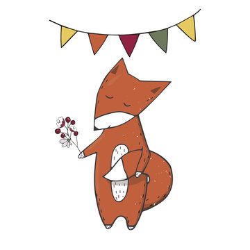 Red fox clings to tail character clip art vector forest animal face smile full ribbon cute wildlife geometric text cat dog card celebration sleep eyes print birthday color texture white background