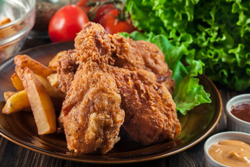 Crispy fried kentucky chicken legs with french fries