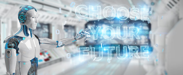 White cyborg using future decision text interface 3D rendering