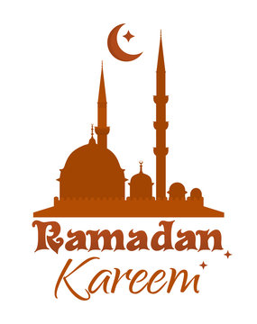 Ramadan Kareem logo design. Mosque, crescent and stylized greeting inscription - Ramadan Kareem. Vector illustration isolated on white background