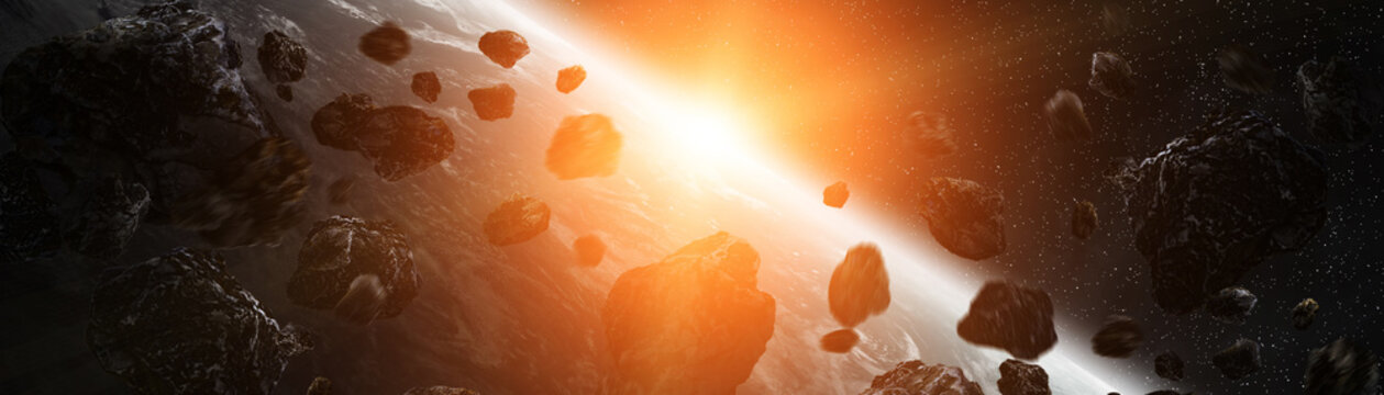 Panoramic view of planet Earth with asteroids flying close 3D rendering elements of this image furnished by NASA