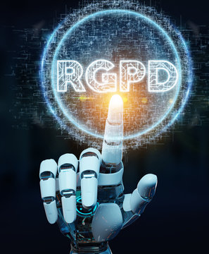 White cyborg hand using digital GDPR interface 3D rendering