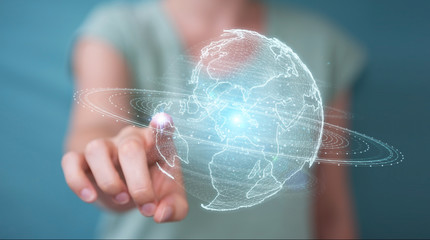 Businesswoman using globe network hologram with America Usa map 3D rendering