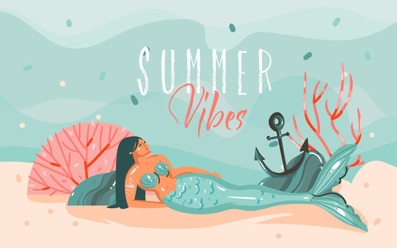 Hand drawn vector abstract cartoon summer time graphic illustrations art template background with ocean bottom,beauty mermaid girl and Summer Vibes typography quote isolated on blue water waves