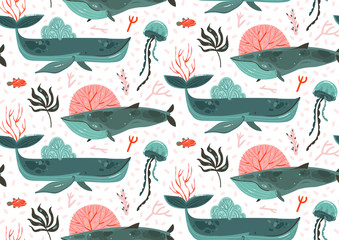 Hand getekende vector abstracte cartoon grafische zomertijd onderwater oceaanbodem illustraties naadloze patroon met koraalriffen, schoonheid grote walvissen, zeewier en kwallen geïsoleerd op witte achtergrond