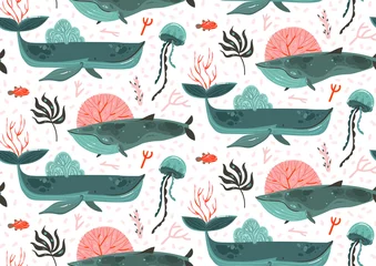Tuinposter Hand getekende vector abstracte cartoon grafische zomertijd onderwater oceaanbodem illustraties naadloze patroon met koraalriffen, schoonheid grote walvissen, zeewier en kwallen geïsoleerd op witte achtergrond © anastasy_helter