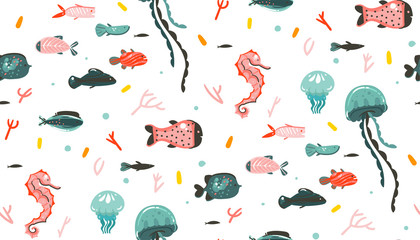Hand drawn vector abstract cartoon graphic summer time underwater illustrations seamless pattern with coral reefs,jellyfish,seahorse and different fishes isolated on white background