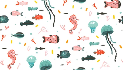 Fototapete Meerestiere Handgezeichnete Vektor abstrakte Cartoon-Grafik Sommerzeit Unterwasser Illustrationen nahtlose Muster mit Korallenriffen, Quallen, Seepferdchen und verschiedenen Fischen isoliert auf weißem Hintergrund