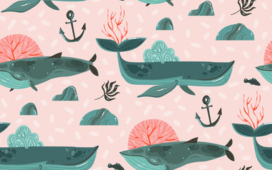 Hand drawn vector abstract cartoon graphic summer time underwater ocean bottom illustrations seamless pattern with coral reefs,beauty big whales,seaweeds and anchor isolated on pink pastel background © anastasy_helter
