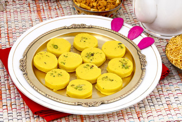 Indian Sweet Food Kesar Peda Also Know as Kesar Mawa Peda, Saffron Sweet, Saffron Peda is a saffron flavoured soft, dense sweet that is specially made during festivals