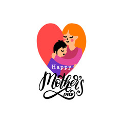 Happy Mothers Day vector hand lettering. Illustration of mother with child in heart shape for greeting card, poster etc.