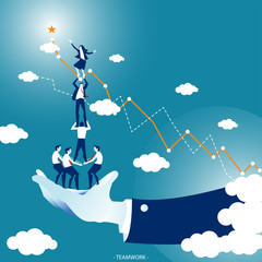 Teamwork go to the Star  do a pyramid of acrobats  by business man and woman and support by Boss or Leader in the sky high on the Blue tone background . Concept Illustration Vector.