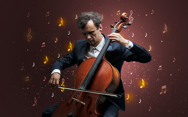 Young cellist with falling musical notes wallpaper and classical concept